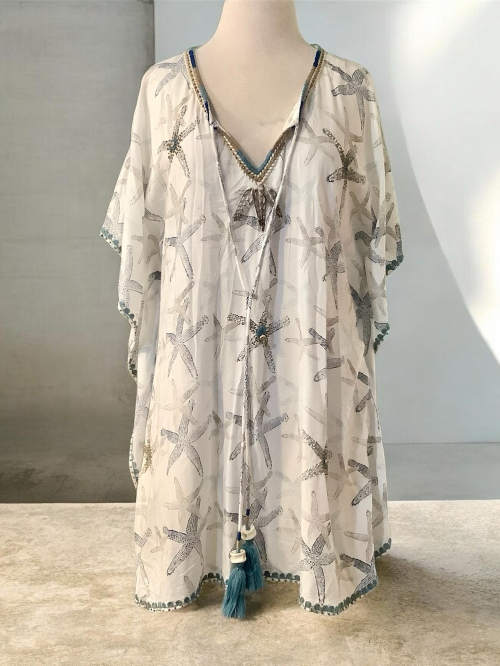 Skemo Ivory Starfish-Print Swim Cover-Up Kaftan with Teal Trim